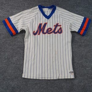 Sand-Knit New York Mets Baseball Jersey Mens Medium White Pinstripe Vintage 80s